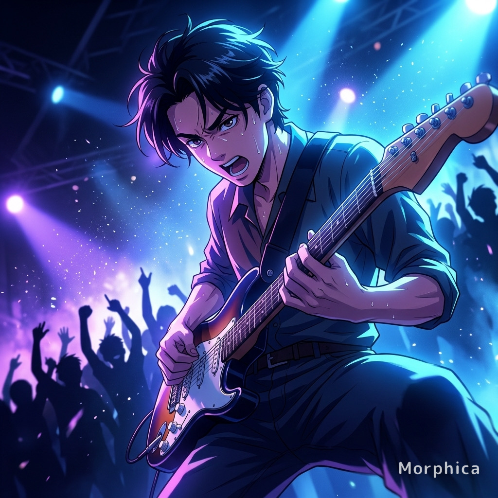 写真から変換したバンドアニメのイラスト。青紫の照明のライブハウスでエレキギターを演奏する人物。