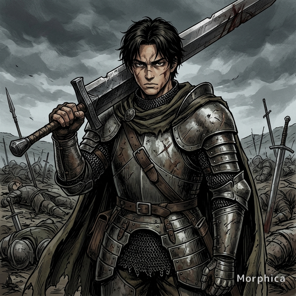 A photo transformed into a dark fantasy gekiga with an armored warrior shouldering a greatsword on a battlefield.