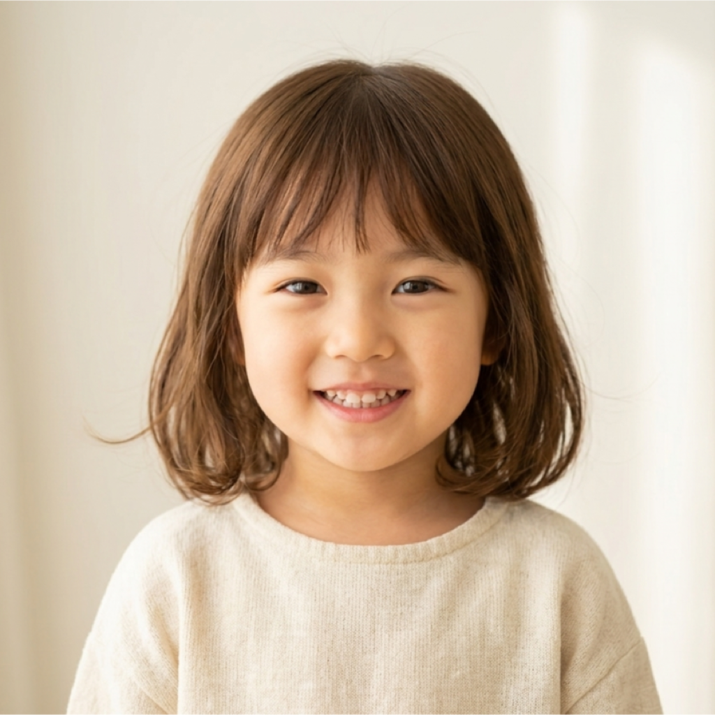 An AI-imagined portrait of a young child inheriting facial features from two people’s photos.