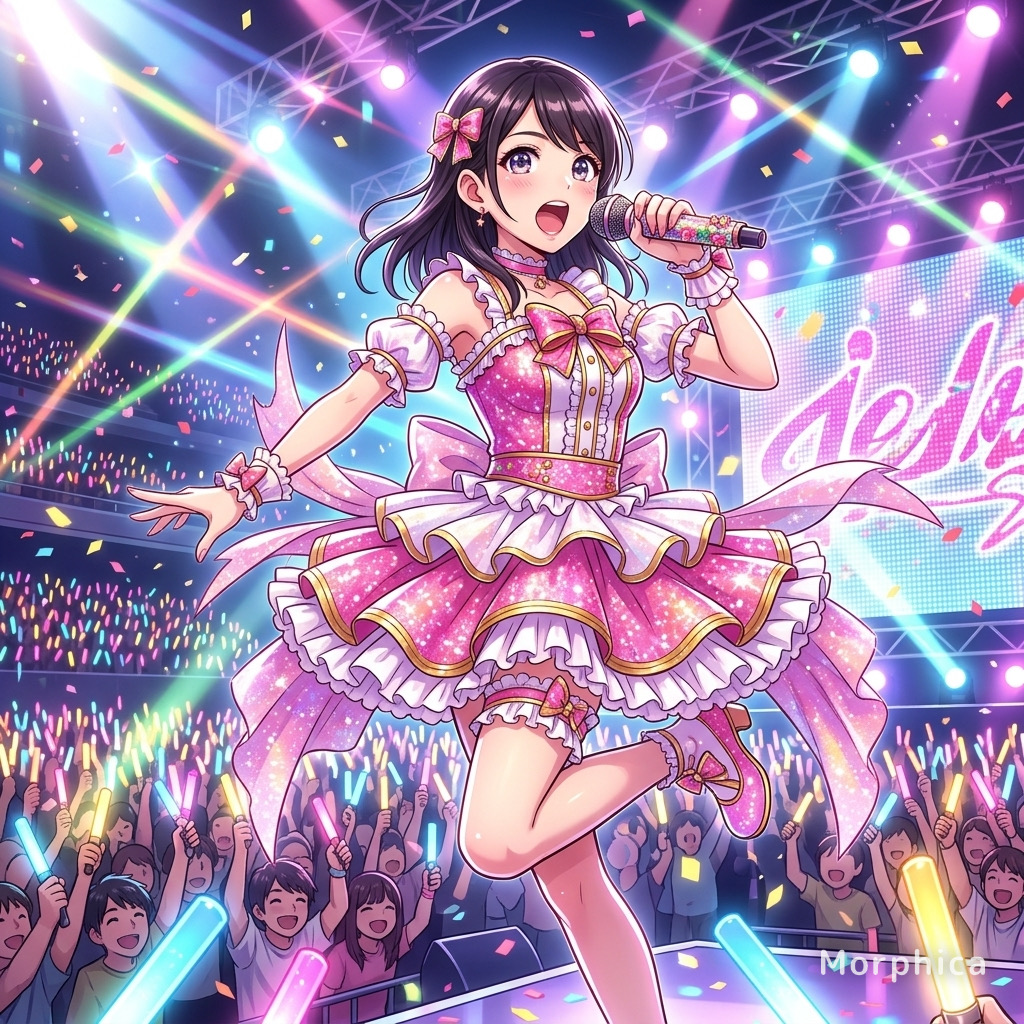 A photo transformed into idol anime: a person in a sparkly costume with a mic at center stage above a sea of penlights.