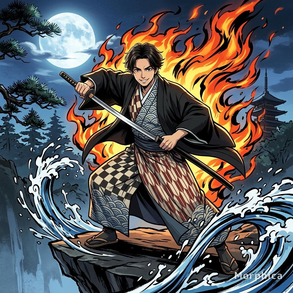 A photo transformed into katana battle anime art with ukiyo-e style flames and waves around a sword-wielding hero.