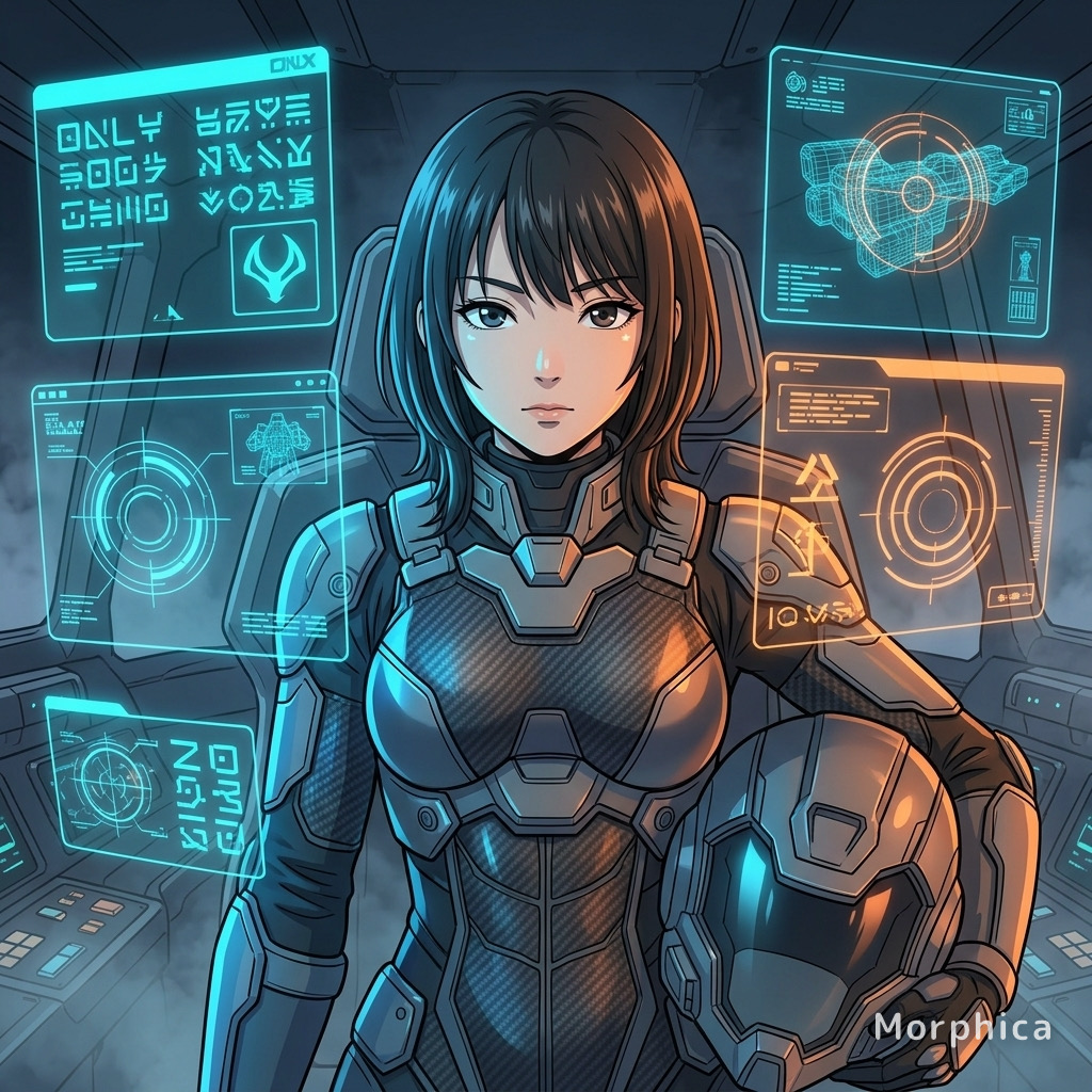 写真から変換したメカパイロットアニメのイラスト。ホログラム計器が光るコックピットでヘルメットを抱えるパイロットスーツ姿の人物。