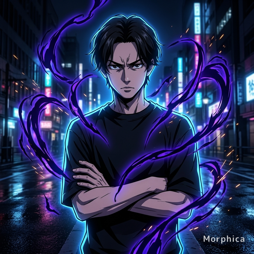 A photo transformed into a dark modern-battle anime with a glowing power aura on a neon night street.