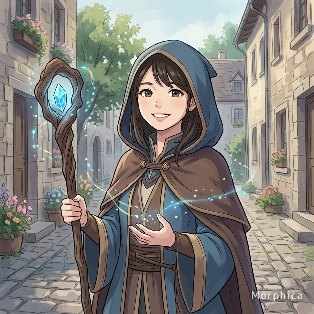 A photo transformed into a serene fantasy anime with a hooded mage holding a staff in a watercolor old town.