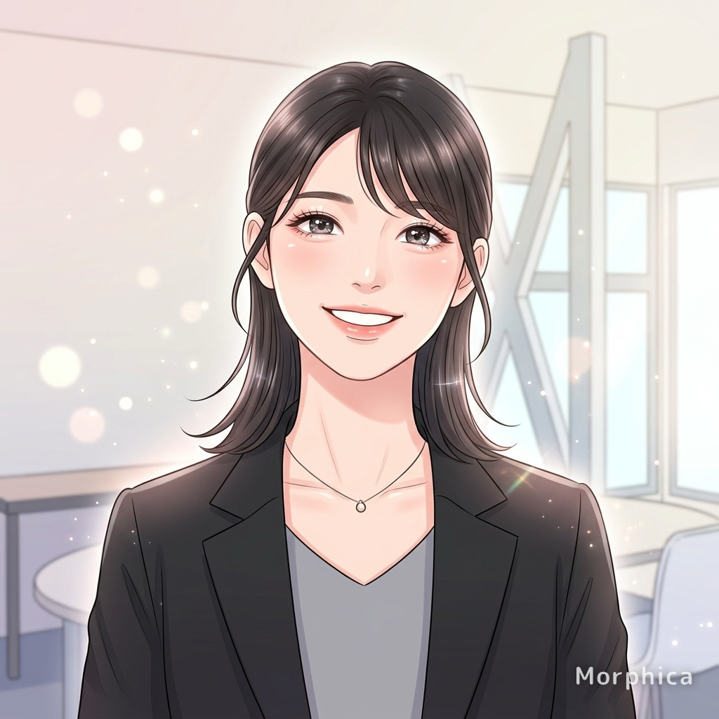 A photo transformed into full-color webtoon art with thin lineart, luminous skin, and sparkling eyes.